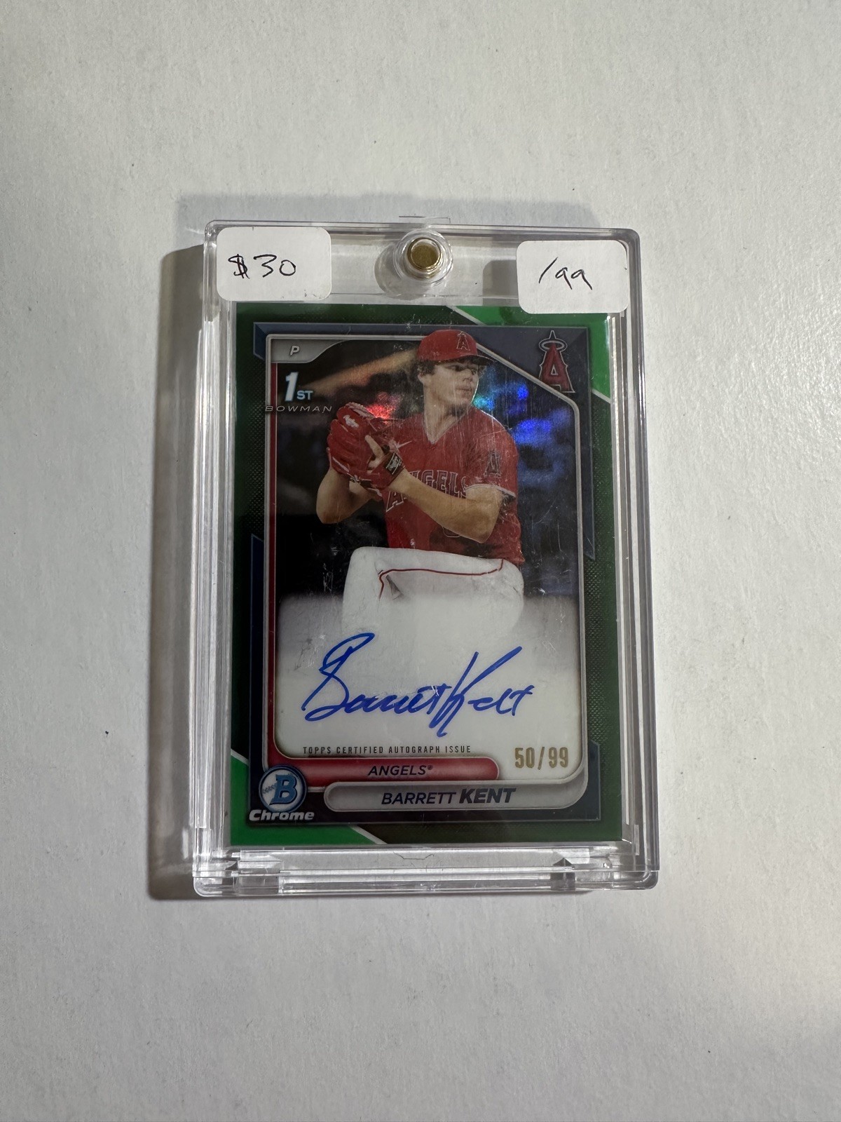 2024 Bowman Barrett Kent Chrome 1st Bowman Auto Green /99 Los Angeles Angels