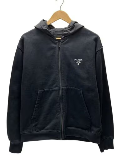 PRADA Zip Hoodie/ Medium/ Cotton/ Black/ Solid Color/ UJL186 S202 1YYB