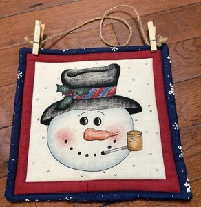 Christmas Snowman Fabric Wall Hanging Plaque Sign, Rope Hanger & Clothespins