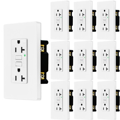 GFCI Outlet 20 Amp Ground Fault Receptacle LED Indicator Non-TR w/Wallplate 10PK