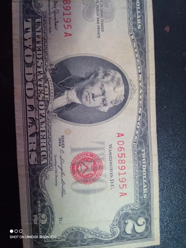 $2 RED SEAL  JEFFERSON $2 BILL 1963  - Image 2 of 4