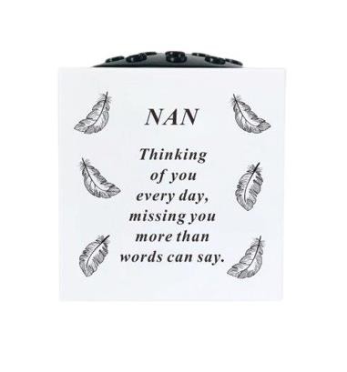 Graveside Memorial Rose Bowl Plastic White Feather Remembrance Ornament - Nan