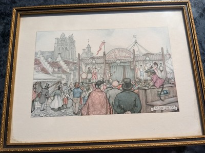 Anton Pieck Drucke x 2 Zirkus Thema jeweils 7x5'' (9,5x7,5'' gerahmt)