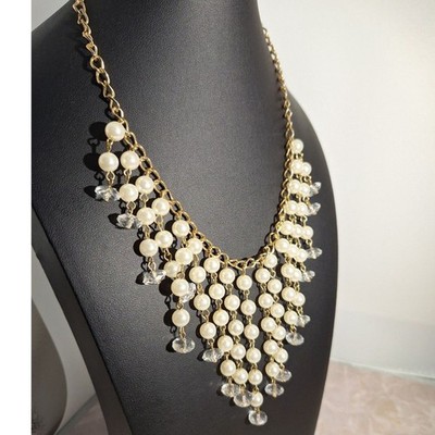 A Faux Pearl And Crystal Draped Waterfall Necklace Layered Eveningwear Gold Tone