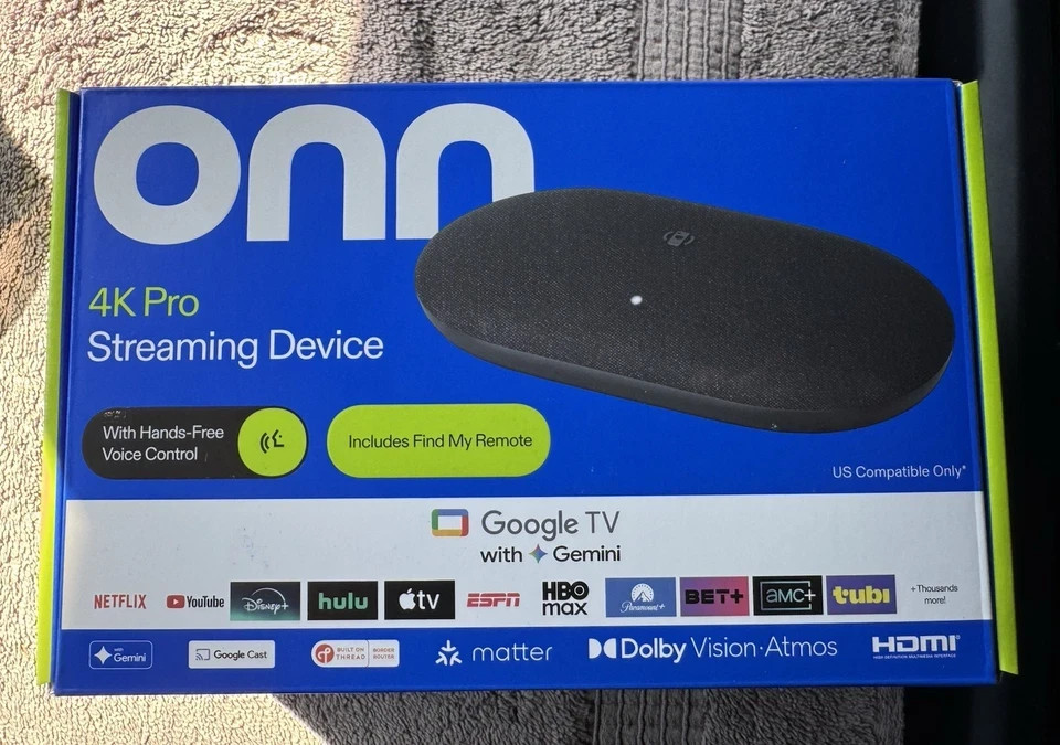 2026 model Onn. 4K Pro Streaming Device Google TV 32GB Dolby Vision Atmos HDMI