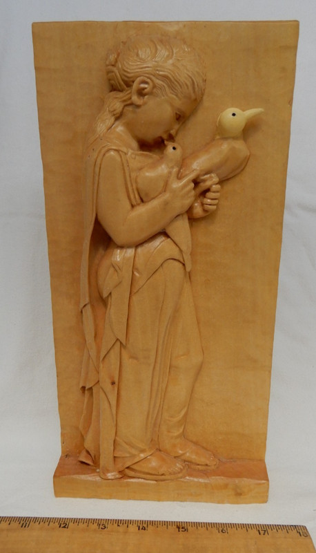 Wood Carving Folk Art - Woman with 2 Birds - SIGNED- 12 " x 6" x 1.5 "