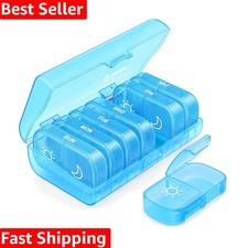 XL Weekly Pill Organizer: 14 Compartment Blue AM PM Case for Safe Travel