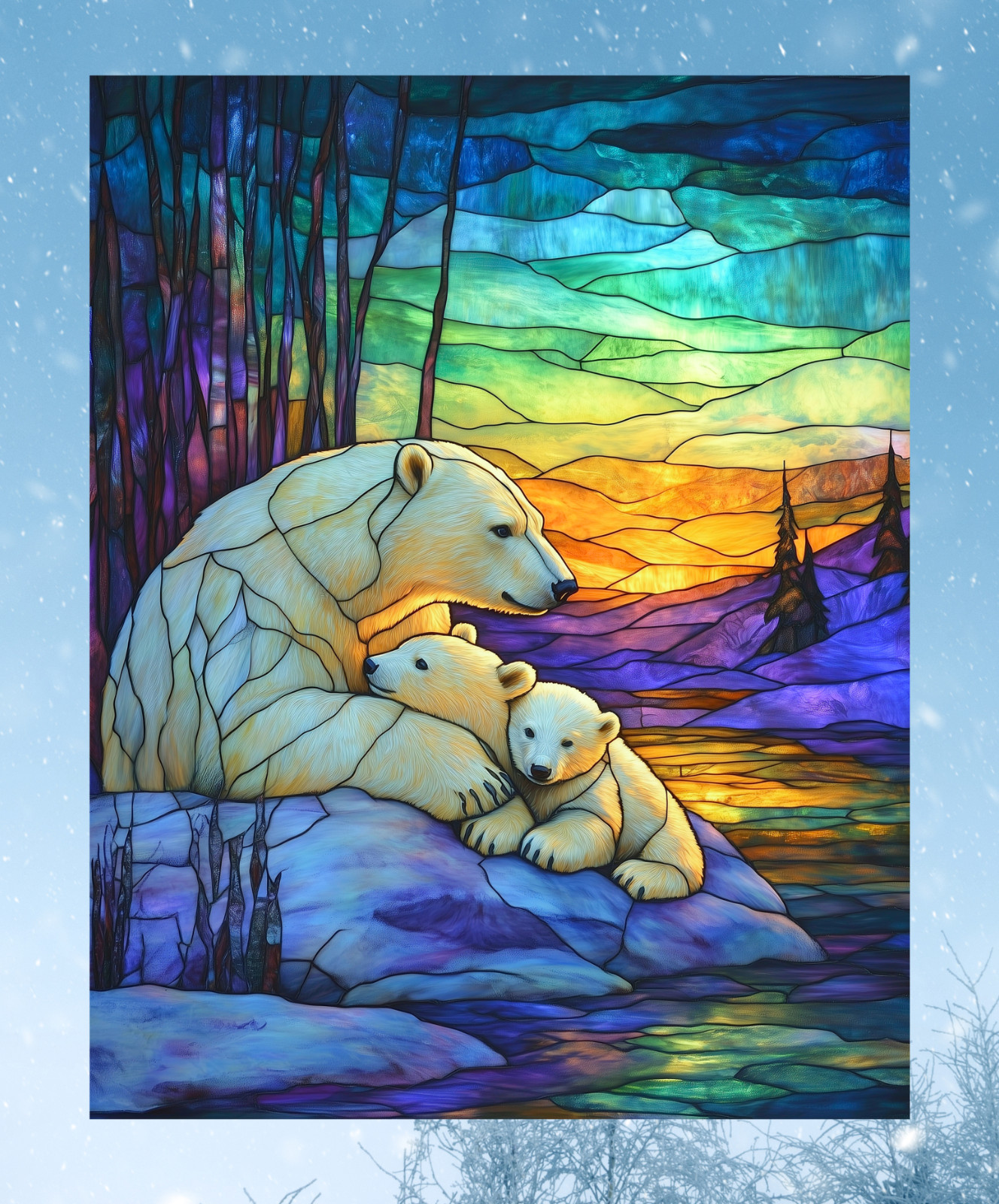 Polar Bear Family Faux Stained-Glass WINDOW CLING Size 10.2" Vinyl
