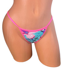Wide Front Thong Bikini Bottom White floral hot pink trim print swimwear