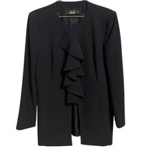 Zara Basic Black Ruffle Front Collarless Blazer Jacket Open Front XL