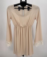 Vintage Beige Empire Waist Dress Long Sleeve Lace Trim Small