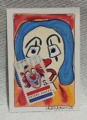 Giftable Collectible Naïve Outsider Clown Postal Whimsy   OOAK ACEO Watercolor