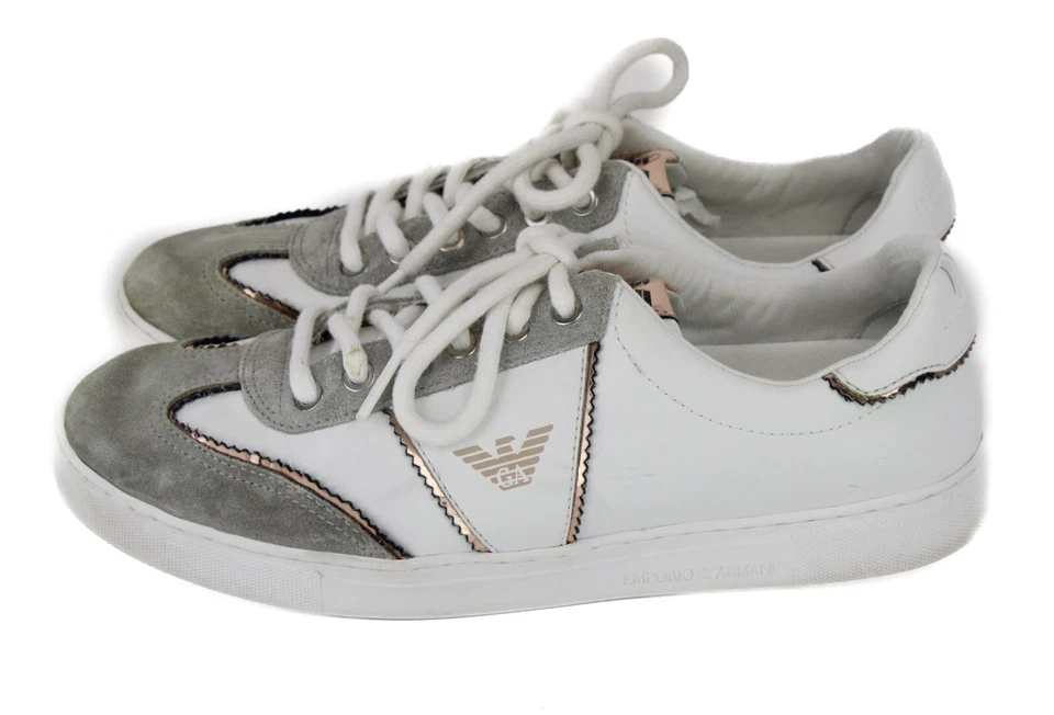 EMPORIO ARMANI X3X083 Tenis Para Mujer Reino Unido 8 Gamuza Cuero Parte Superior Baja Con Cordones Blanco Foto 4 de 4