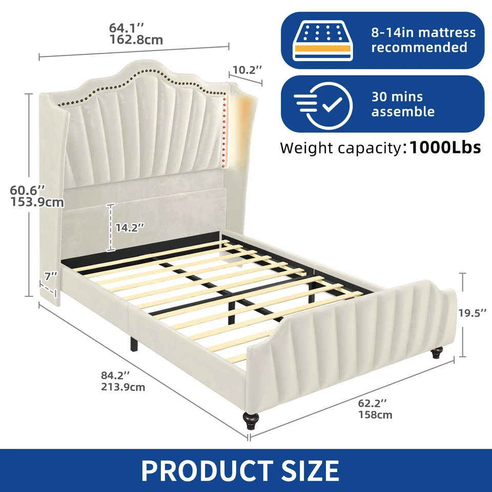 大号平台天鹅绒床头板床架带 7 色 RGB 控制 LED 灯 — 第 4/4 张图片