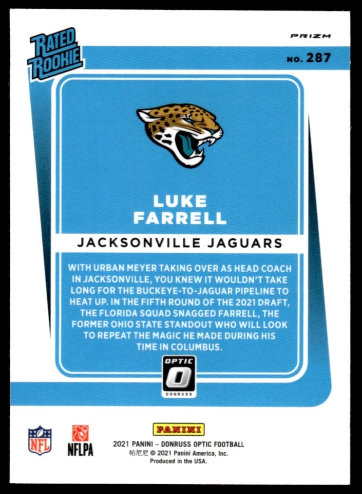 2021 Donruss Optic BLUE PRIZM Luke Farrell - Rookie Jacksonville Jaguars #287 - Image 2 of 2
