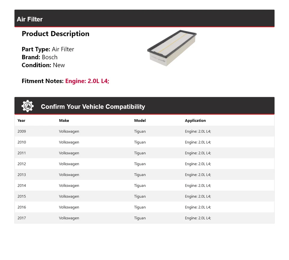 Filtro de aire Bosch para Volkswagen Tiguan 2009-2017 2,0 L L4 2010 2011 2012 2013 Foto 2 de 3