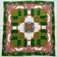 Vintage Handkerchief Cotton Geometric Paisley Green Red Art Bandana Kerchief 20"