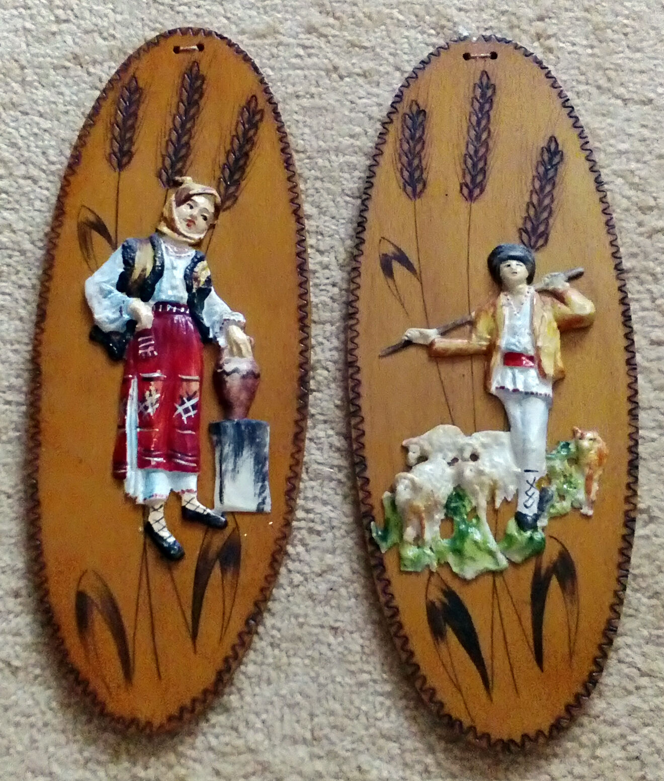 Vintage genuine Romanian young herdsman country girl wall hang decor wooden 60s 