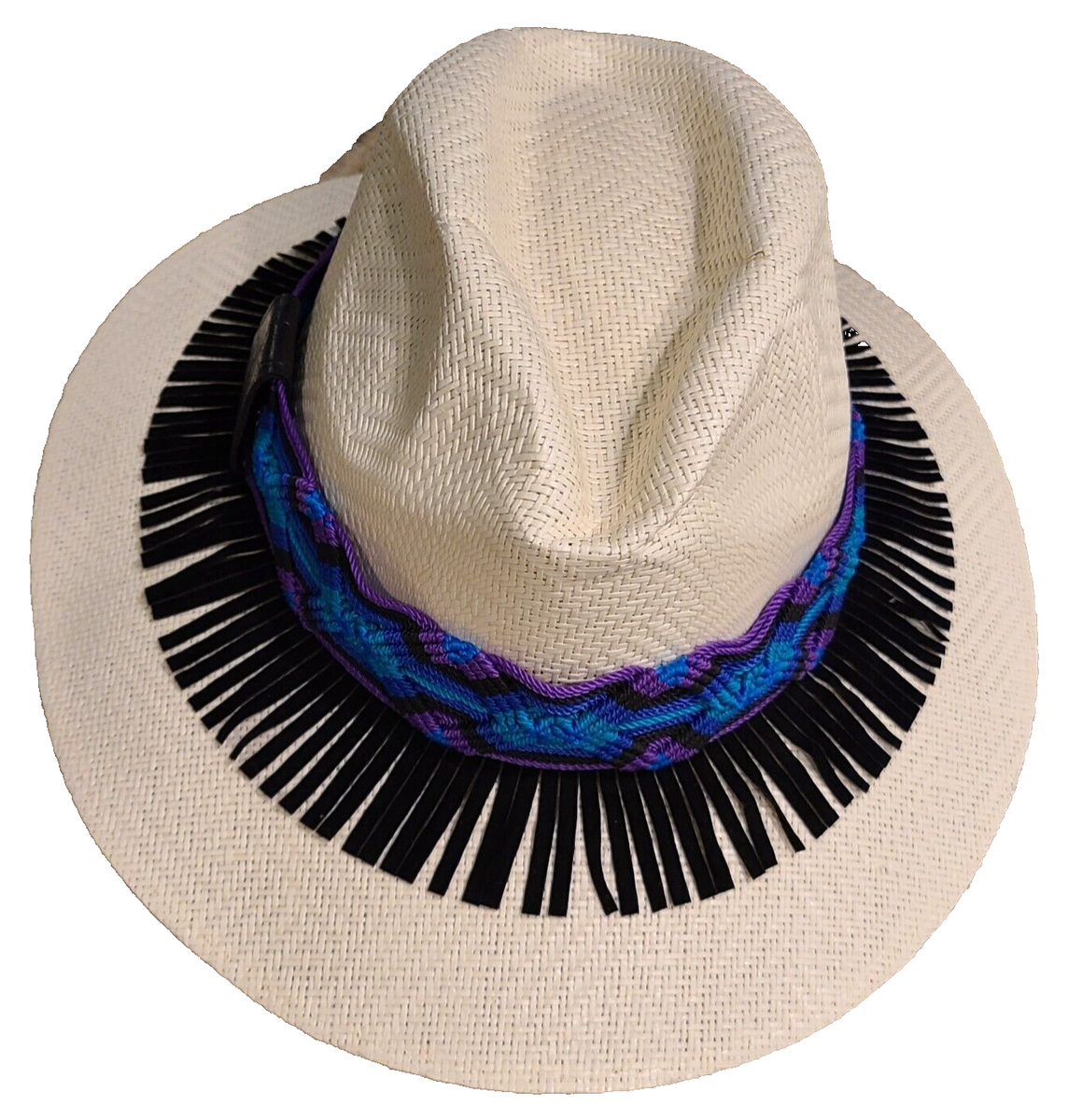 Designer Hat Augusto Di Zola Straw Off White Purple Blue Black Band Fringe Sz M Designer Hat Augusto Di Zola Straw Off White Purple Blue  main image 4