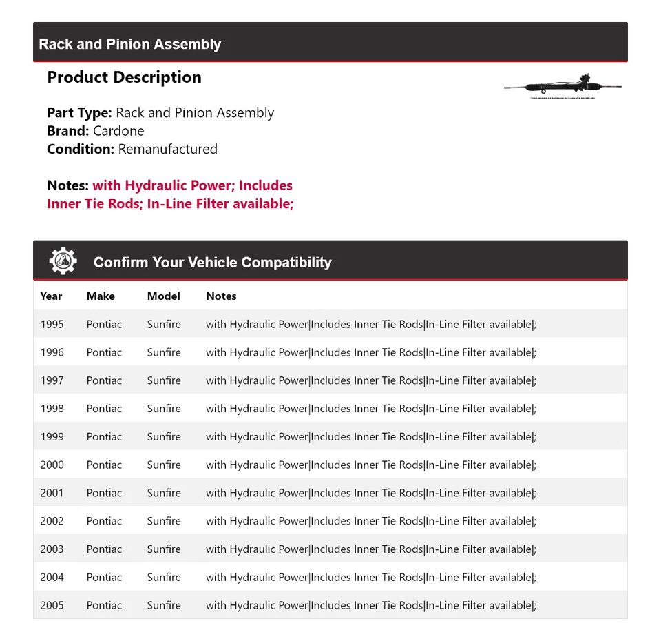 Conjunto de piñón y cremallera para Pontiac Sunfire 1995-2005 Cardone 1996 1997 1998 Foto 2 de 4