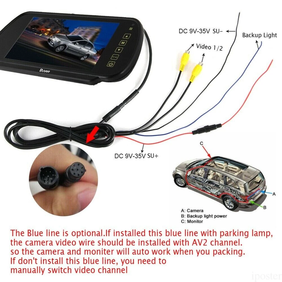 7" Car TFT LCD Mirror Monitor for Reverse Car Rear View Backup Camera Parking - Image 4 of 4