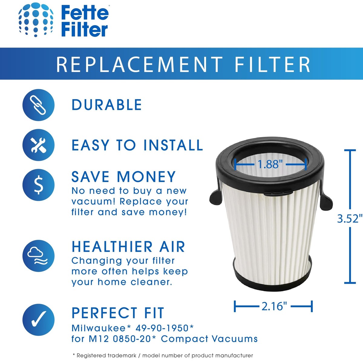 Repuesto Para Filtro HEPA Milwaukee 49-90-1950 M12 0850-20