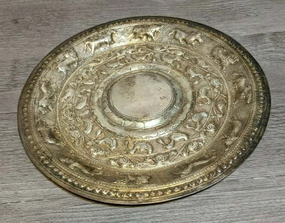 Antiguo plato de animal tailandés asiático de 8" plateado repujado de Sri Lanka bandeja plato Foto 3 de 4