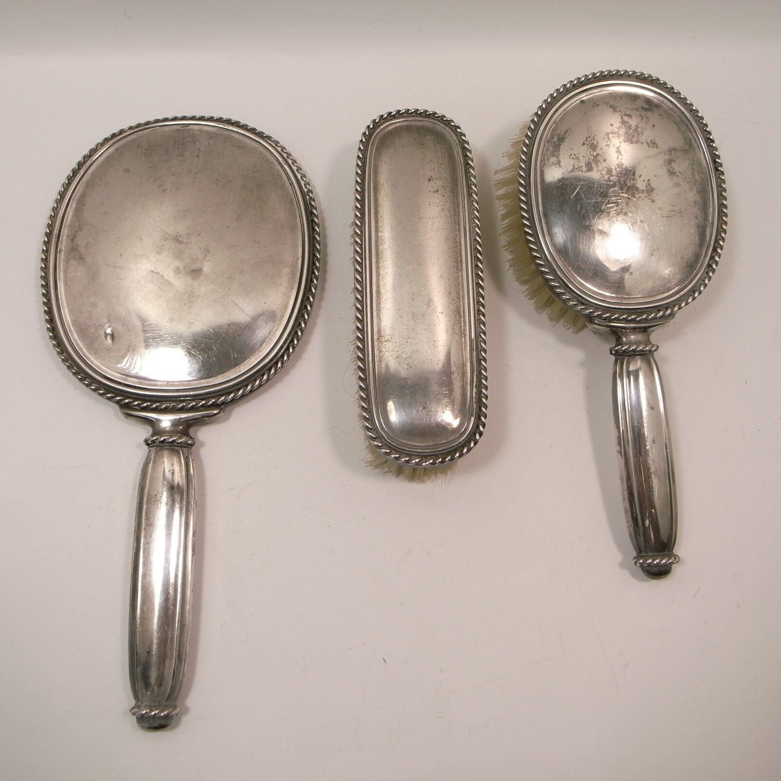 Belgian silver marked A835 three piece grooming set 10.25 in mirror c. 1942
