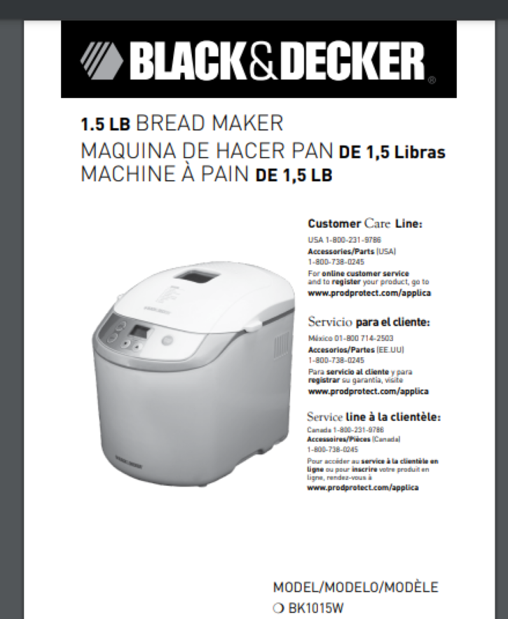 Black & Decker BK1015W Bread Maker Machine Use & Care Owner