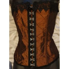 Sexy Lace Up Copper Brown Satin Black Lace Boning Corset Bustier Shirt Size 36