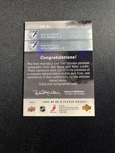2007-08 Upper Deck Be A Player Hockey Dan Boyle/Mike Lundin Signatures Double - Picture 2 of 2