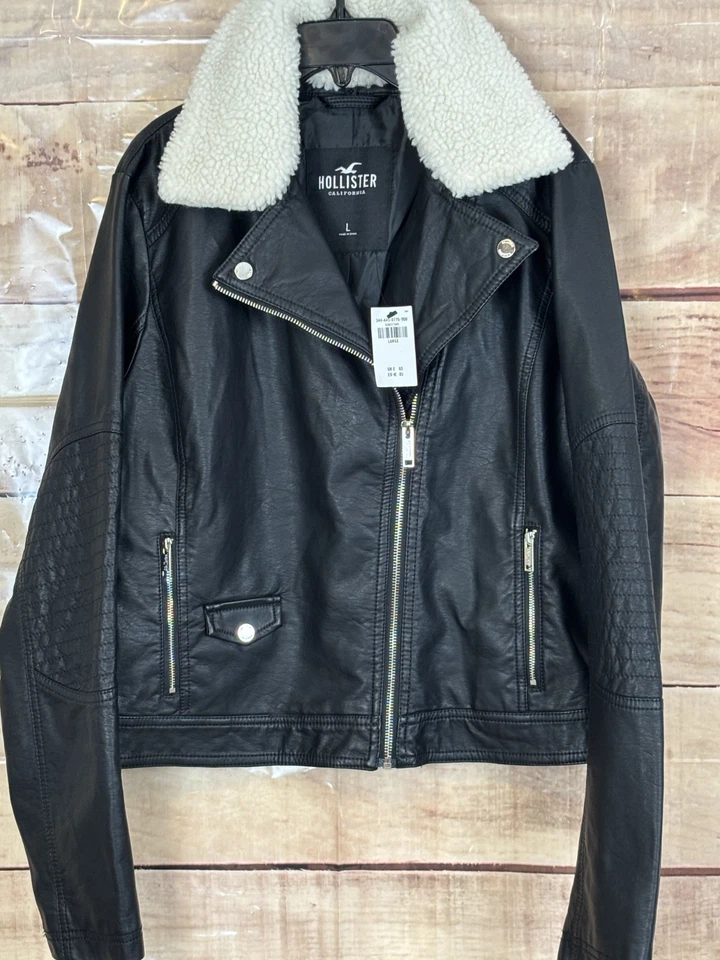 Chaqueta de motociclista Hollister para mujer L negra de cuero sintético quitar cremalleras de cuello blanco Foto 2 de 4