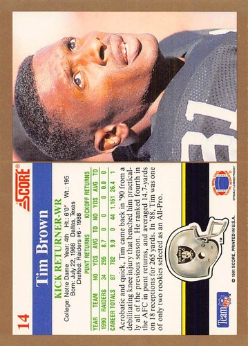 Tarjeta de fútbol americano Tim Brown 1991 Score 14 Los Angeles Raiders - Imagen 2 de 2