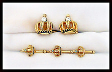Vntage NWOT Set of CUFFLINKS and 3 SHIRT STUDS Gold Tone Crowns with Rhinestones