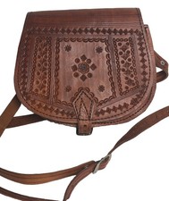 Vintage style Tooled Leather Crossbody Bag Brown Saddle Purse Boho Folk Small