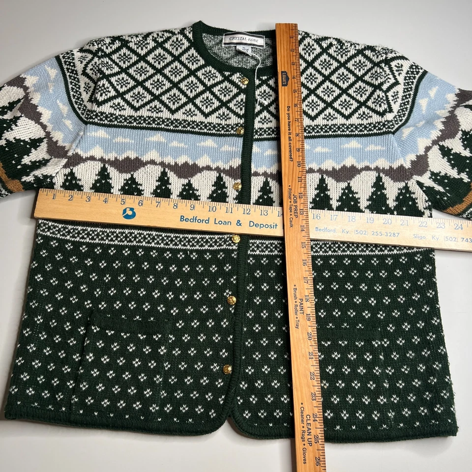 Cárdigan Suéter Vintage Cristal Kobe XL Verde Blanco Tejido Árboles Montañas Feria Foto 3 de 4