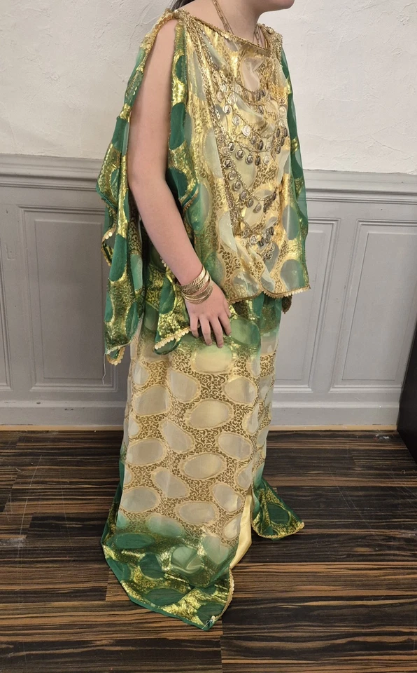 Tenue traditionnelle chaoui algérienne melhfa berbère verte et or galons sequins - Photo 4/4