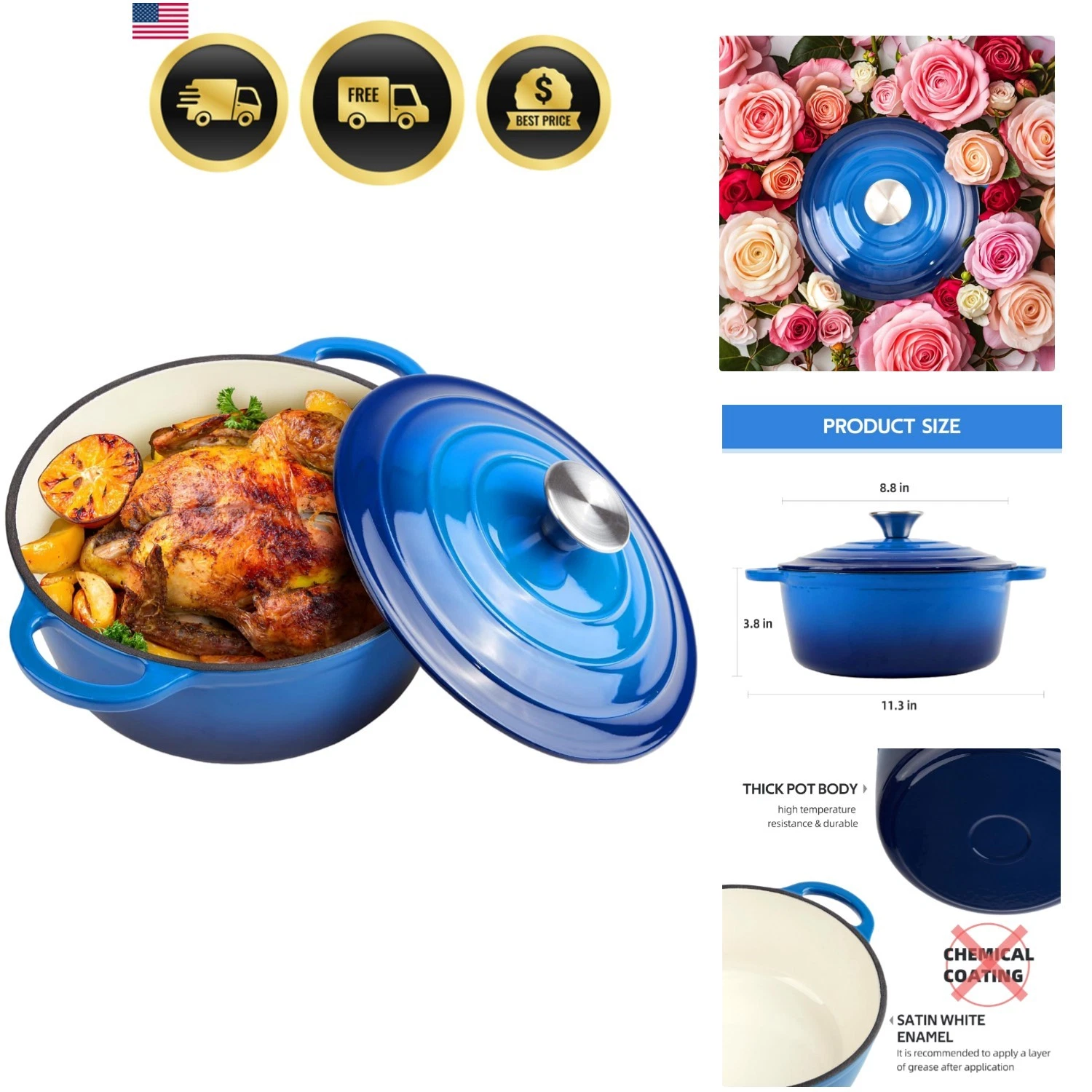 3 Quart Dutch Oven Enameled Cast Iron with Lid - Big Dual Handles - Oven Safe...