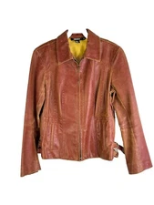 Vintage Y2K DKNY Womens 10 Leather Distressed Faded Zip Jacket Streetwear Rave