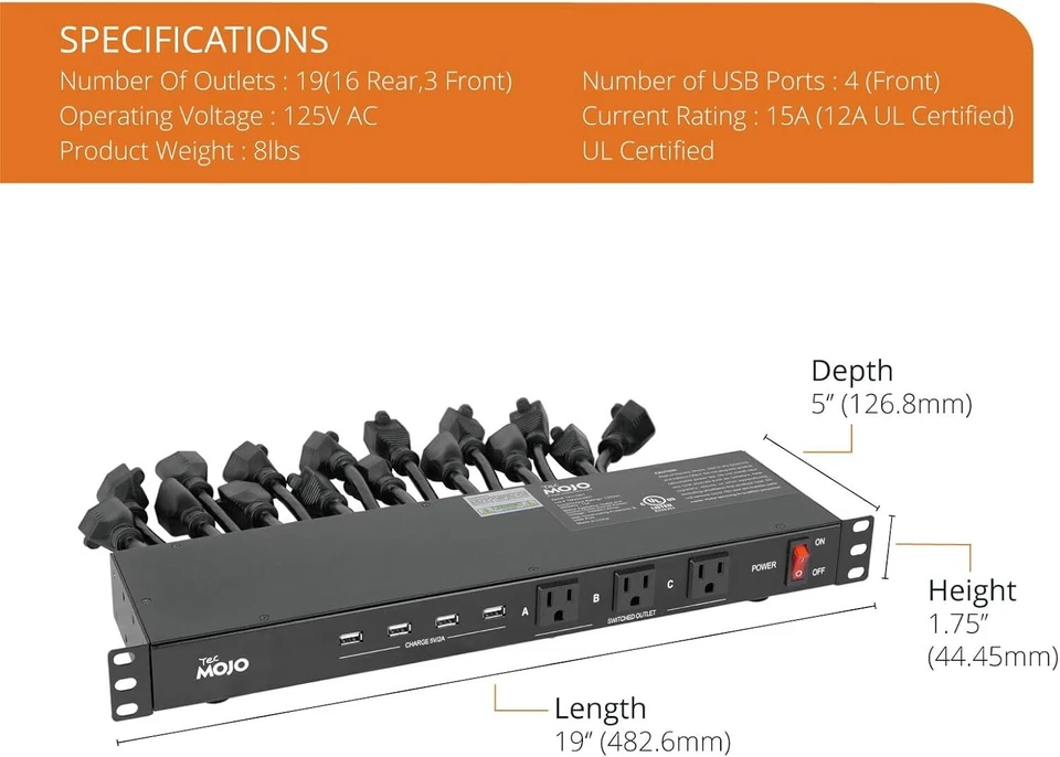 Tira de alimentación PDU de montaje en rack de 1U 19 tomas disyuntor USB para gabinete de servidor Foto 4 de 4