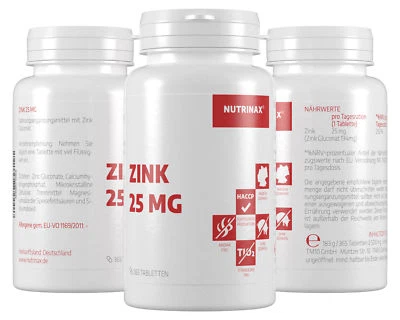 Nutrinax Zink 25mg - 365 Zink Tabletten vegan Zinkgluconat Zinc Made in Germany