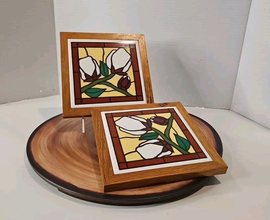 Set Of 2 VTG Ceramic Rose White Tulip Trivet Tile Kitchen Wood Framed Wall Decor