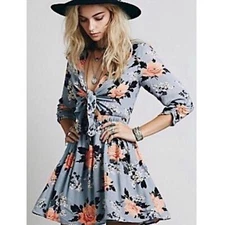 Free People Tied Up In Love Tie Front Whimsical Fairy Floral Mini Dress, Grey 0