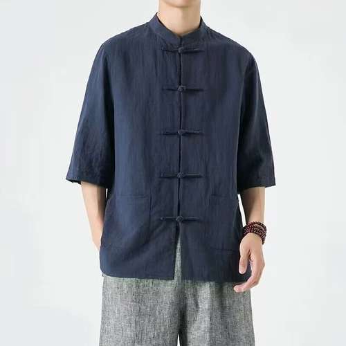 Chinese Tang Traditional Suit Men Retro Shirt Kung Fu Tai Chi Jacket Hanfu Top - Foto 28 di 31
