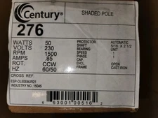 AO SMITH/ CENTURY #276 ESP-OL50EMJR21 PACKARD#15045 50 WATT 230V 1500 RPM MOTOR