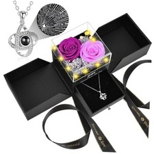 Preserved Real Rose with I Love You in 100 Languages Necklace,Eternal Purple