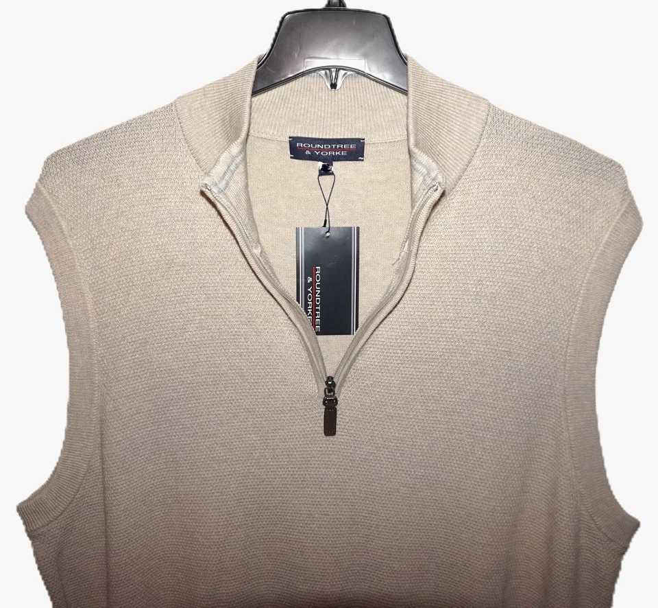 Mens Waffle-Knit 1/4 Zip Sweater Vest Tall XLT Oatmeal by Roundtree Yorke - Image 2 of 3