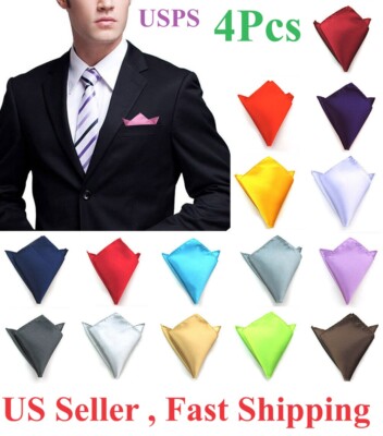 4Pcs Plain Pocket Square Wedding Mens Satin Solid Handkerchief Hanky Jacket Suit