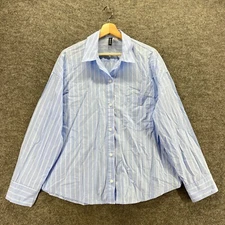Divided Shirt Women M Medum Blue Striped Button Up Collared Long Sleeve Cotton