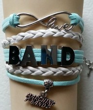 BAND LIGHT BLUE/WHITE LEATHER CHARM BRACELET SILVER ADJUSTABLE-SPORTS #132